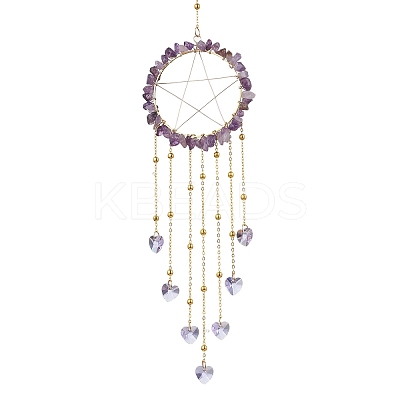 Wire Wrapped Natural Amethyst Chips Ring Hanging Ornaments HJEW-JM02371-06-1
