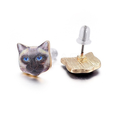 Real 14K Gold Plated Alloy Kitten Stud Earrings EJEW-G148-01G-05-1