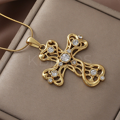 Vintage 304 Stainless Steel with Clear Glass Hollow Cross Pendant Necklaces for Women LS-MR8108-1