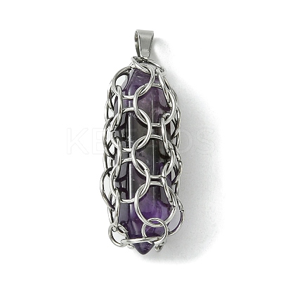 Natural Mixed Stone Stainless Steel Ring Wrapped Pointed Pendants PALLOY-JF02496-02-1