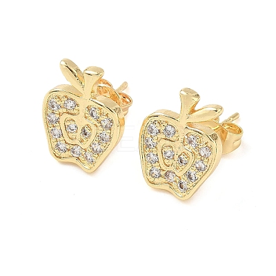 Apple Brass Micro Pave Clear Cubic Zirconia Stud Earrings EJEW-Z144-24G-1