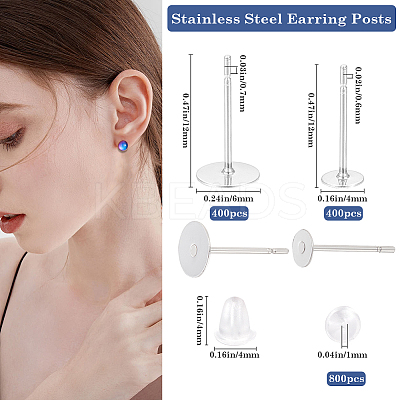 800Pcs 2 Styles  304 Stainless Steel Flat Round Blank Peg Stud Earring Findings FIND-BBC0003-52-1