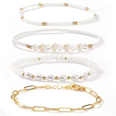 4Pcs 4 Styles Fashion Plastic Imitation Pearl & Natural Freshwater Pearl & Glass Beaded Stretch Bracelets SF7008-1-1