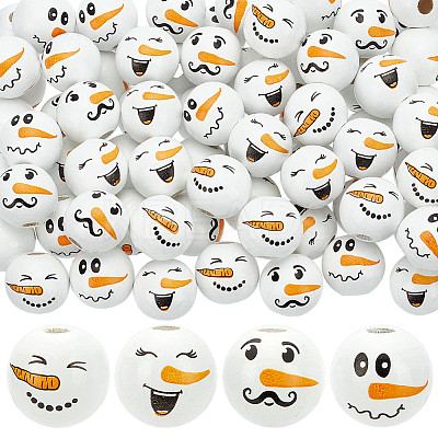 80Pcs 4 Styles Snowman Theme Printed Wood European Beads WOOD-PH0003-04A-1