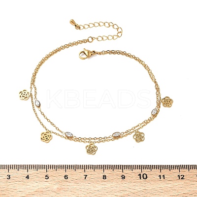 304 Stainless Steel Pave Clear Cubic Zirconia Charm 2-Strand Anklets for Women AJEW-K054-01B-G-1