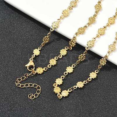 304 Stainless Steel Textured Flower Link Chain Necklaces NJEW-Z084-01G-1