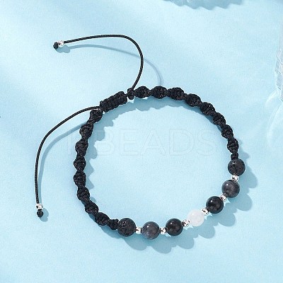 Natural White Moonstone & Lava Rock & Obsidian & Larvikite Round Beads Braided Bead Bracelets for Women BJEW-JB12917-03-1