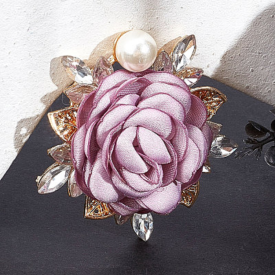 Cloth Rose with Crystal Rhinestone Brooch Pin JEWB-WH0028-13LG-1