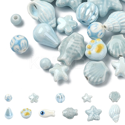 24Pcs 12 Styles Blue Color Theme Glazed Porcelain Beads PORC-YW0001-40-1
