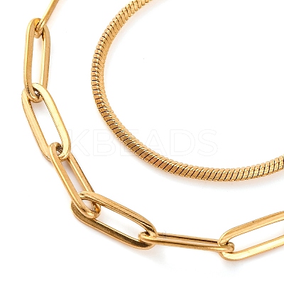 304 Stainless Steel Double Layer Paperclip Chain & Square Snake Chain Necklaces for Women NJEW-G140-01C-G-1