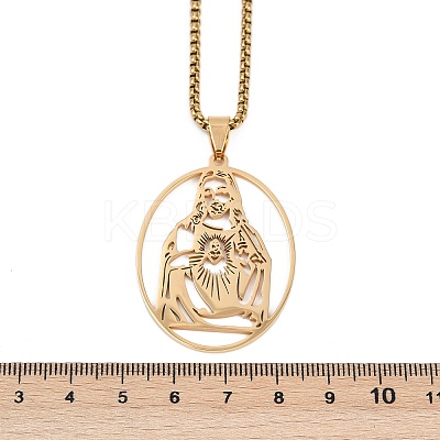 201 Stainless Steel Oval with Hollow Juses Pendant Necklaces NJEW-K283-05G-1