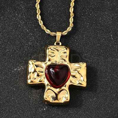 Cross with Heart 304 Stainless Steel Cubic Zirconia Pendant Necklaces NJEW-H070-01G-01-1