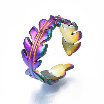 304 Stainless Steel Leaf Wrapped Cuff Ring RJEW-N038-060-1