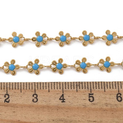 Bohemian 304 Stainless Steel Enamel Deep Sky Blue Flower Link Chain Necklaces for Women NJEW-Z061-01G-1