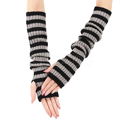 Stripe Acrylic Fibers Knitting Long Fingerless Gloves PW-WG9BE2E-17-1