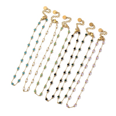 Glass Round Beaded Link Chain Anklets NJEW-M198-01G-1