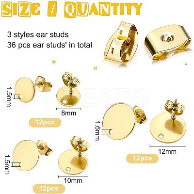 36Pcs 3 Styles Ion Plating(IP) 304 Stainless Steel Stud Earring Findings STAS-BC0002-56-1