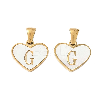 304 Stainless Steel Pave Natural White Shell Heart with Initial Slice Pendants STAS-R168-25G-G-1