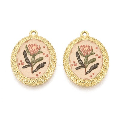 Vintage Printed Style 304 Stainless Steel Oval with Lotus Pendants STAS-T071-29B-G-1