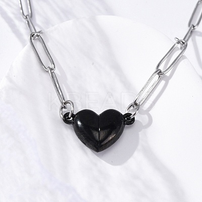 304 Stainless Steel Double-Sided Magnetic Heart Pendant Paperclip Chain Necklaces LS-NJEW-U028-02B-1