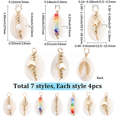 28Pcs 7 Styles Natural Cowrie Shell Copper Wire Wrapped Pendants FIND-SC0015-50-1