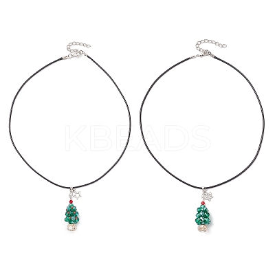 2Pcs 2 Styles Electroplate Glass Beaded Dark Cyan Christmas Tree & Alloy Star Pendant Black Waxed Cotton Cord Necklaces NJEW-MZ00123-1