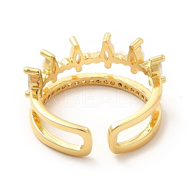 Clear Cubic Zirconia Crown Open Cuff Ring with Plastic Pearl Beaded KK-H439-07G-1