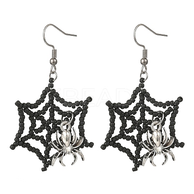 Halloween Theme Spider Web with Spider Handmade Glass Seed Beaded Dangle Earrings EJEW-MZ00481-01-1