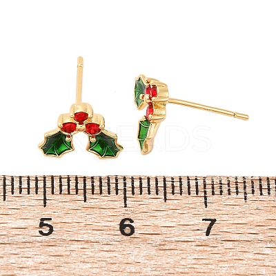 Cubic Zirconia Cherry Stud Earrings with Enamel EJEW-P199-14G-1