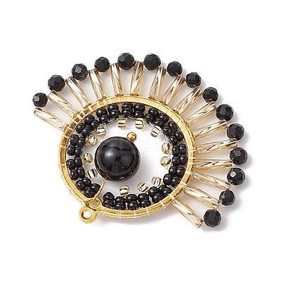Natural Black Onyx(Dyed & Heated) & Glass Seed Beads Fan Pendants PALLOY-MZ00308-01-1
