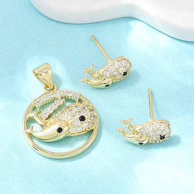 Brass Micro Pave Cubic Zirconia Pendant & Stud Earrings Sets for Women SJEW-F227-01E-G-1