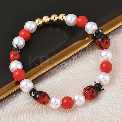 Brass & Lampwork & ABS Imitation Pearl Beaded Stretch Bracelets for Women BJEW-F515-08G-1