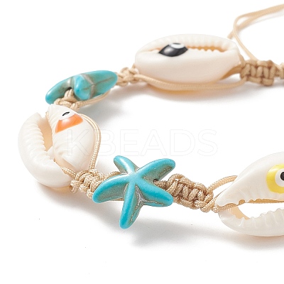 Natural Shell Evil Eye & Synthetic Turquoise(Dyed) Starfish Braided Bead Bracelet BJEW-TA00195-1