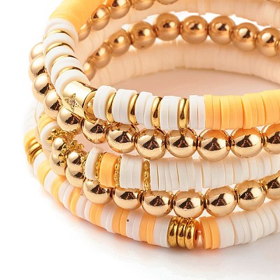 5Pcs 5 Style Synthetic Hematite & Polymer Clay Heishi Beads Stretch Bracelets Set BJEW-JB07533-01-1