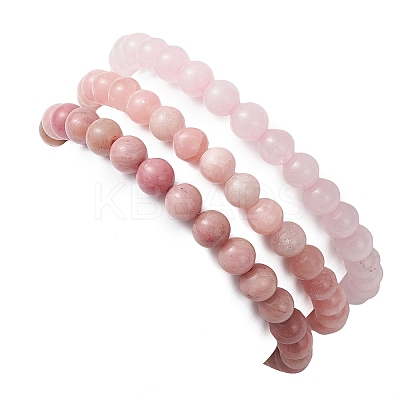 3Pcs Natural Rhodochrosite & Rose Quartz & Pink Opal Round Beads Stretch Bracelets for Women BJEW-JB12836-1