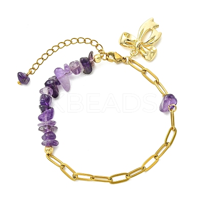 Natural Mixed Stone Chip Beads 304 Stainless Steel Paperclip Chain Bracelets with Alloy Bowknot Charms BJEW-JB14187-1