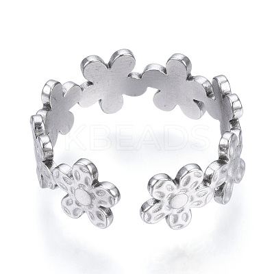 Non-Tarnish 304 Stainless Steel Flower Open Cuff Ring for Women RJEW-N040-33-1