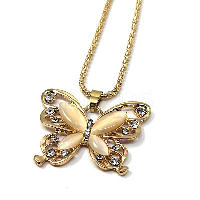 Alloy Crystal Rhinestone and Beige Glass Butterfly Pendant Necklaces for Women FS-WG827F3-01-1