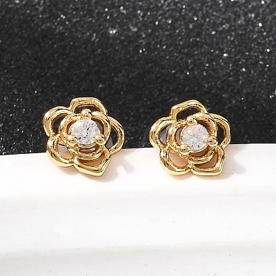 Flower Brass Micro Pave Clear Cubic Zirconia Stud Earrings EJEW-P331-05G-1
