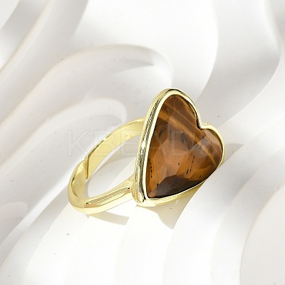 Heart Brass Natural Tiger Eye Finger Rings RJEW-D304-01G-D-1