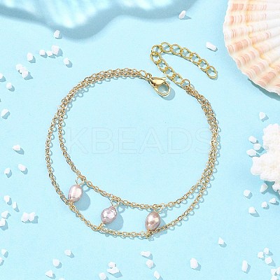 Brass Cable Chains & Rice Natural Cultured Freshwater Pearl Double Layers Bracelets for Women BJEW-JB14135-01-1