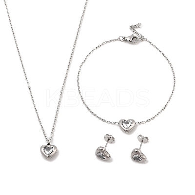 Heart 304 Stainless Steel Micro Pave Cubic Zirconia Pendant Necklaces & Bracelets & Stud Earrings Sets for Women SJEW-C004-13P-01-1