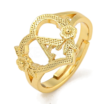 Heart with Letter & Flower Rack Plating Brass Adjustable Rings for Women RJEW-I105-05G-A-1