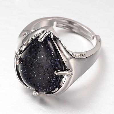 Teardrop Platinum Tone Brass Gemstone Adjustable Wide Band Rings RJEW-L062-02K-1