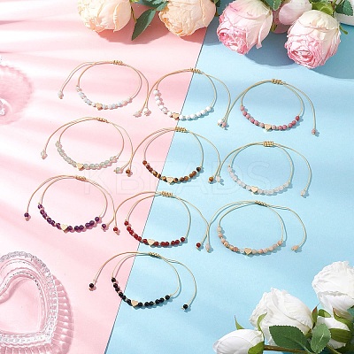 Heart Natural Gemstone Round Beads Braided Nylon Thread Bracelets for Women BJEW-MZ00166-1