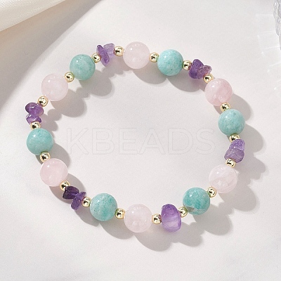 Natural Madagascar Rose Quartz & Amethyst & Amazonite Stretch Bracelets for Women BJEW-JB13182-1