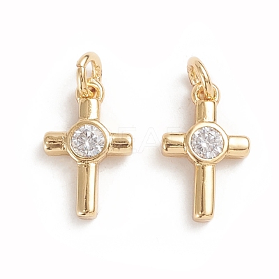 Brass Micro Pave Cubic Zirconia Tiny Cross Charms ZIRC-G165-03G-1