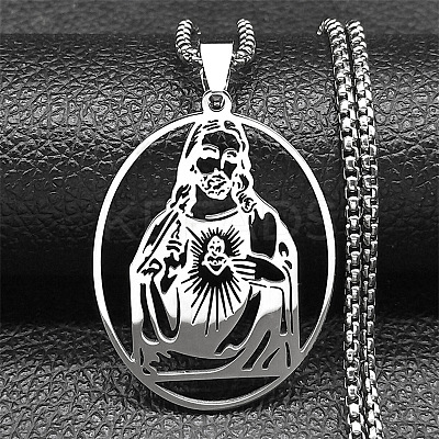 201 Stainless Steel Oval with Hollow Juses Pendant Necklaces LS-NJEW-K283-05P-1