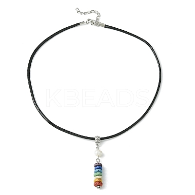 Dyed Natural Lava Rock Disc & Pearl Beaded Pendant Necklaces NJEW-JN04557-1