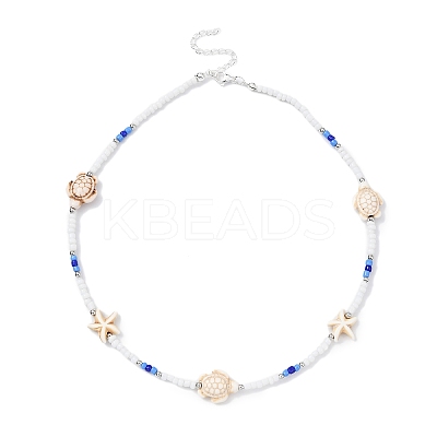 Tortoise & Starfish Synthetic Turquoise & Round Seed Beaded Necklace NJEW-TA00125-1